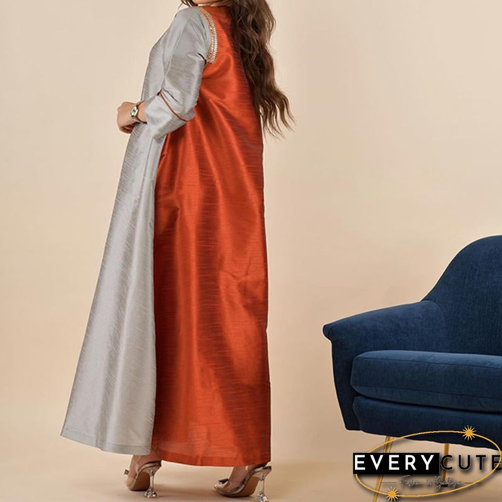 Simple Gray And Red Color Block Maxi Dress