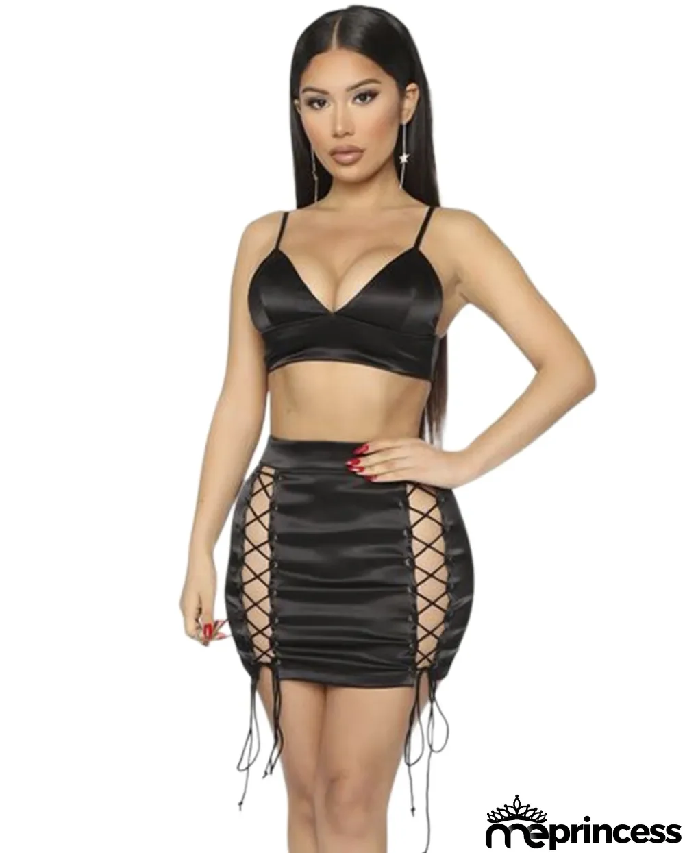 Party Black Sexy Bra and Lace Up Skirt Set