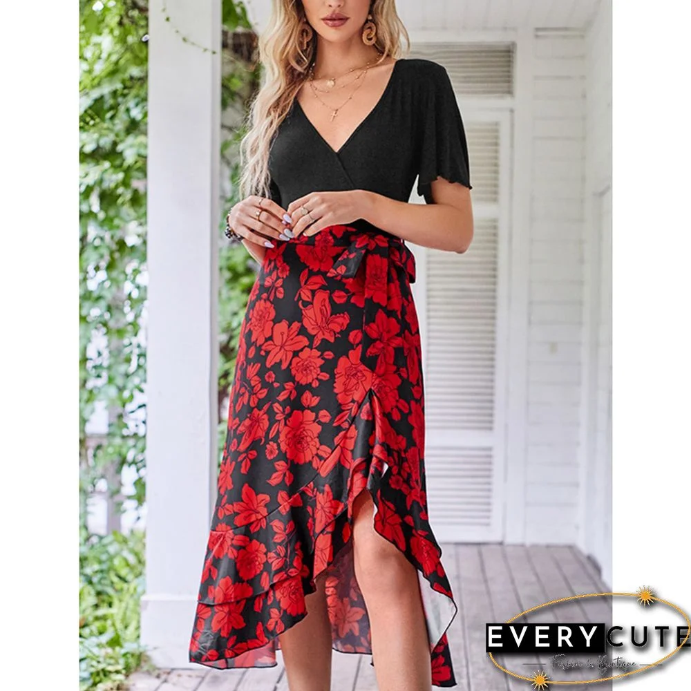 Red Floral Print Splicing V Neck Dress with Slit
