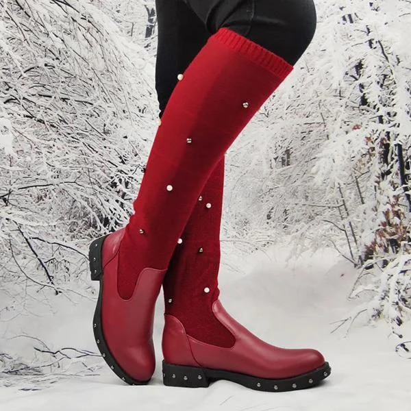Women Winter Comfortable Knit Sweater Cheetah Low-Heeled Mid Boots