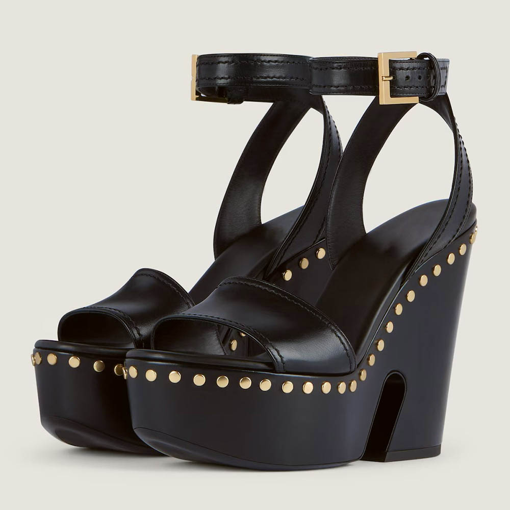Black Open Round Toe Studded Ankle Strap Platform Sandals Nicepairs