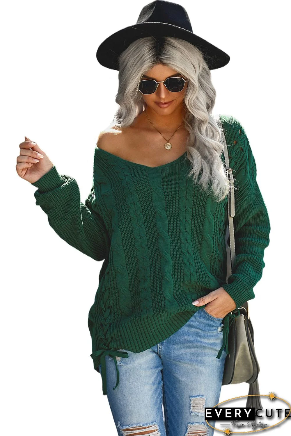 Green Love Letters Cable Knit Lace Up Sweater