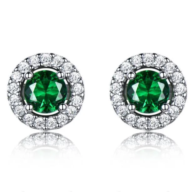 Vintage Emerald Stud Earrings with Diamond In Sterling Silver