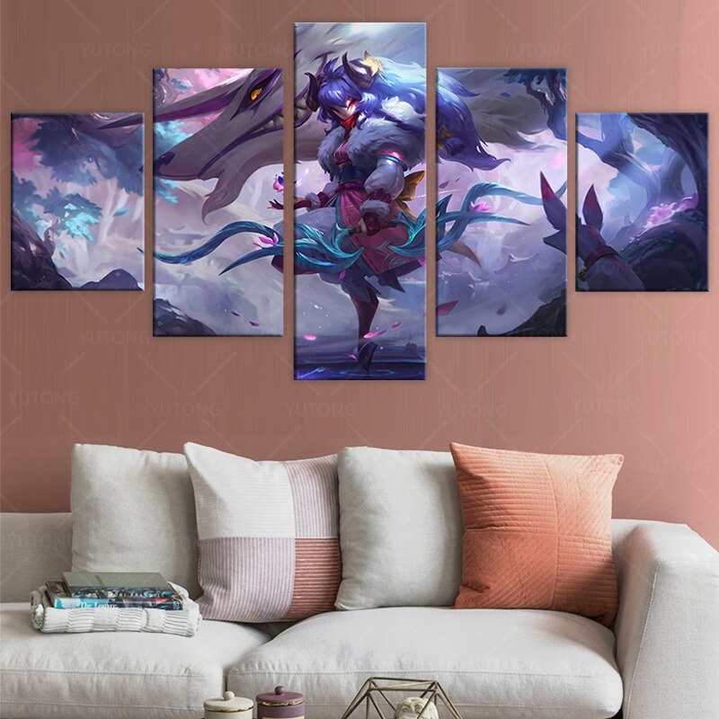 Cotton Tshirt 5pcs Spirit Blossom Kindred Picture League of Legends Game Poster HD Wall Pictures Canvas Art for Home Decor-NO Frame t -shirt Tee