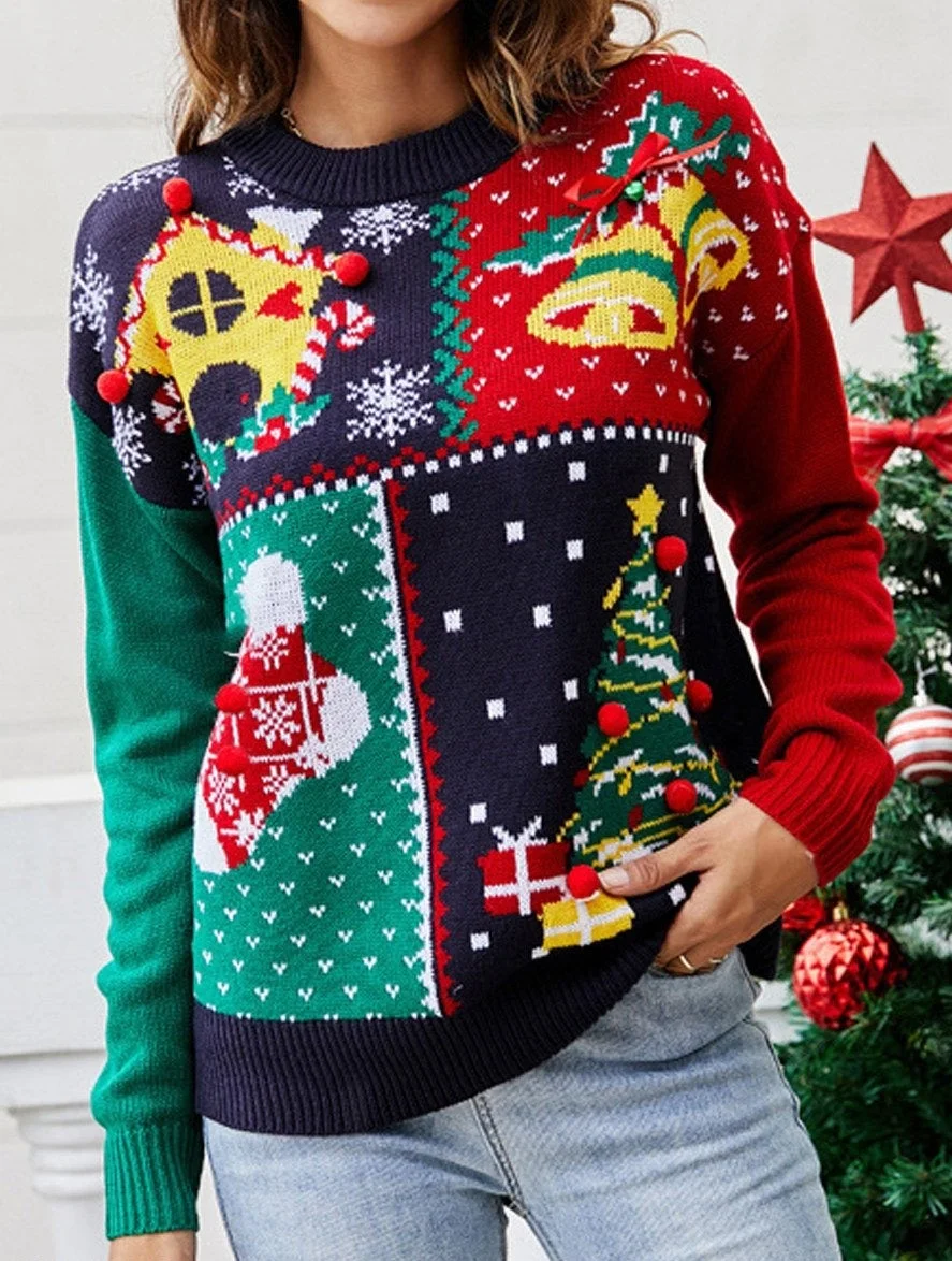 Casual Snowflake Christmas Round Neck Long Sleeve Sweater | EGEMISS