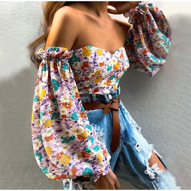 wsevypo Chic Women Floral Off Shoulder Blouse Tops Sexy Frill Long Lantern Sleeve Strapless Corset Tops Fashion Slim Fit Tops