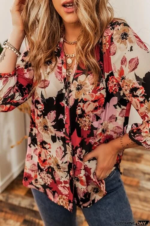Floral Notched Long Sleeve Shirt
