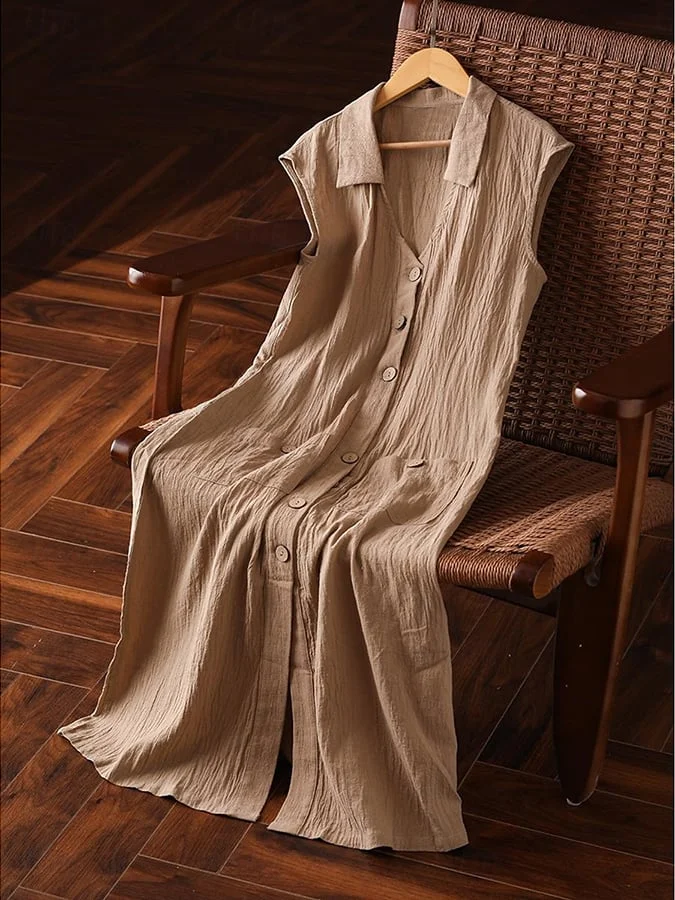 Women's Retro Solid Color Pocket Splicing Design Lapel Sleeveless Dress
