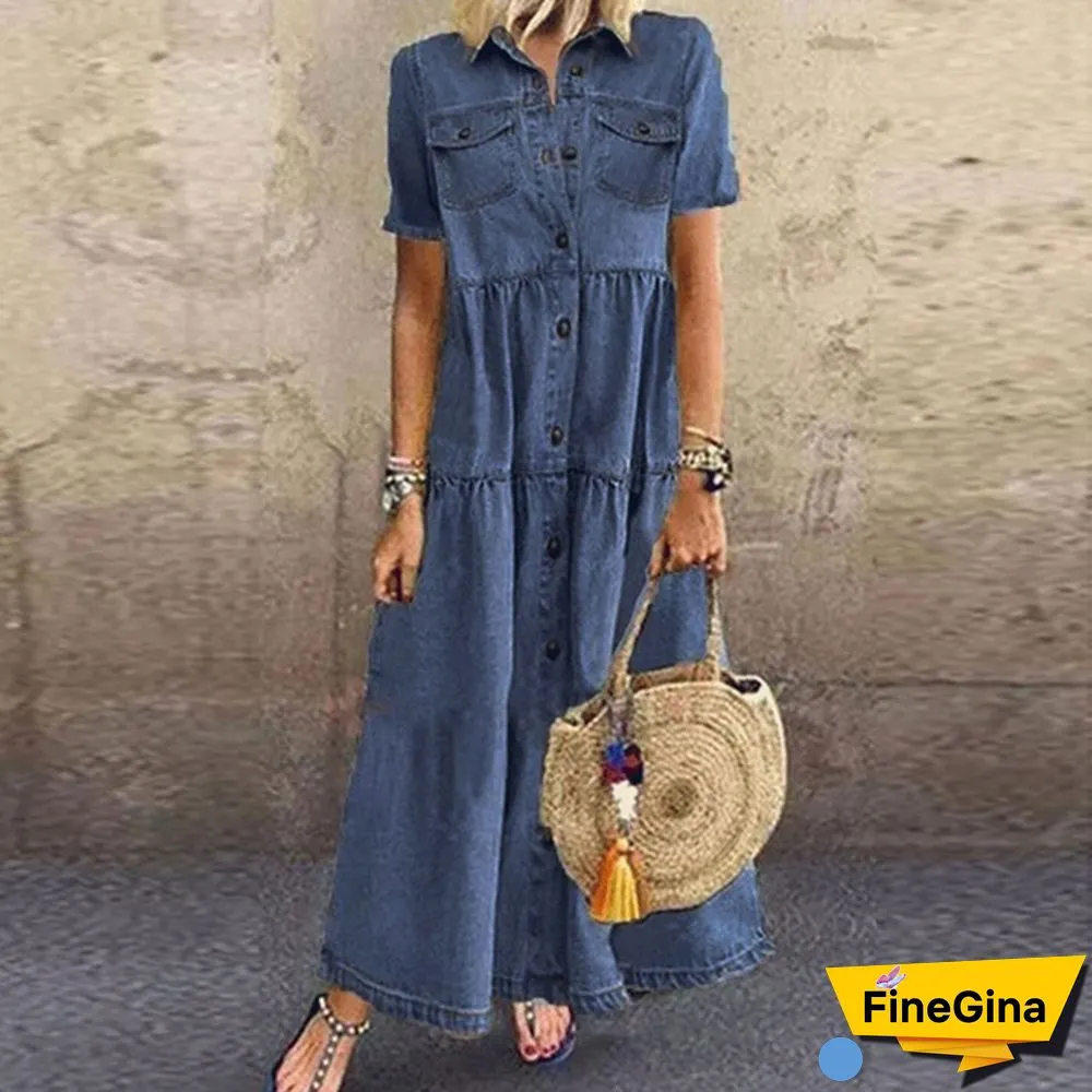 Womens Summer Autumn Denim Long Dress Retro Button Pockets Jeans Maxi Ladies Casual