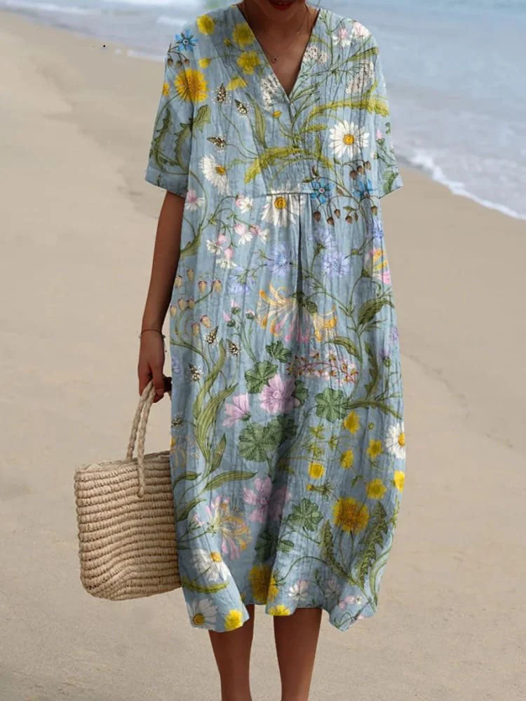 Women's Vintage Lovely Floral Art Print Casual Flowy Dress