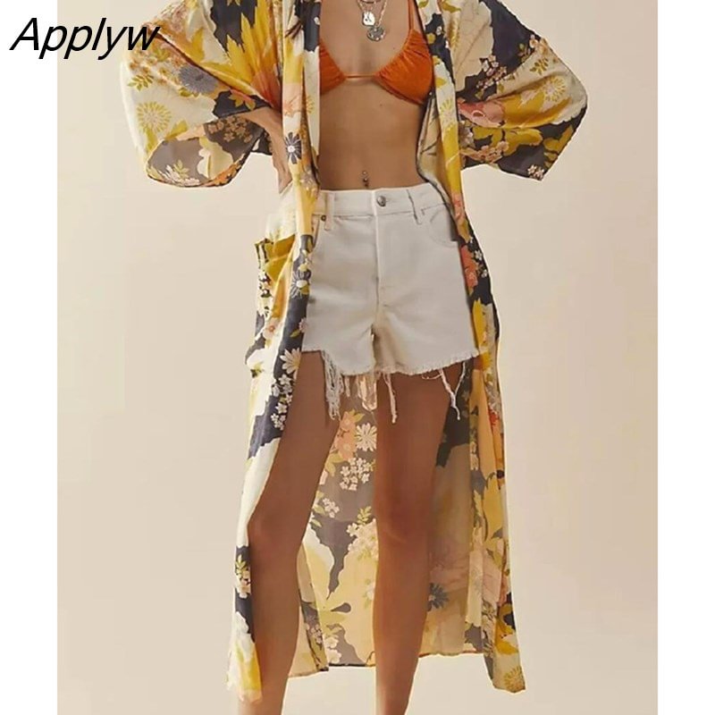 Applyw Bohemia Yellow Flower Print Long Kimono Shirt Ethnic Lacing up Bow Sashes Holiday Cardigan Loose Blouse Tops
