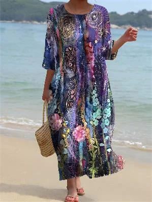 Women's 3/4 Sleeve Scoop Neck Graphic Printed Midi Dress