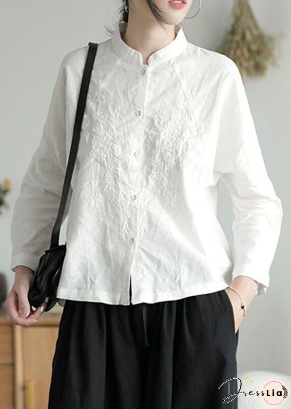Handmade White Stand Collar Embroideried Cotton Shirts Spring