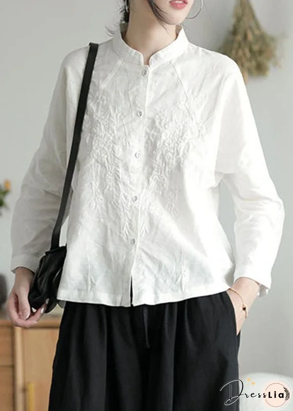 Handmade White Stand Collar Embroideried Cotton Shirts Spring
