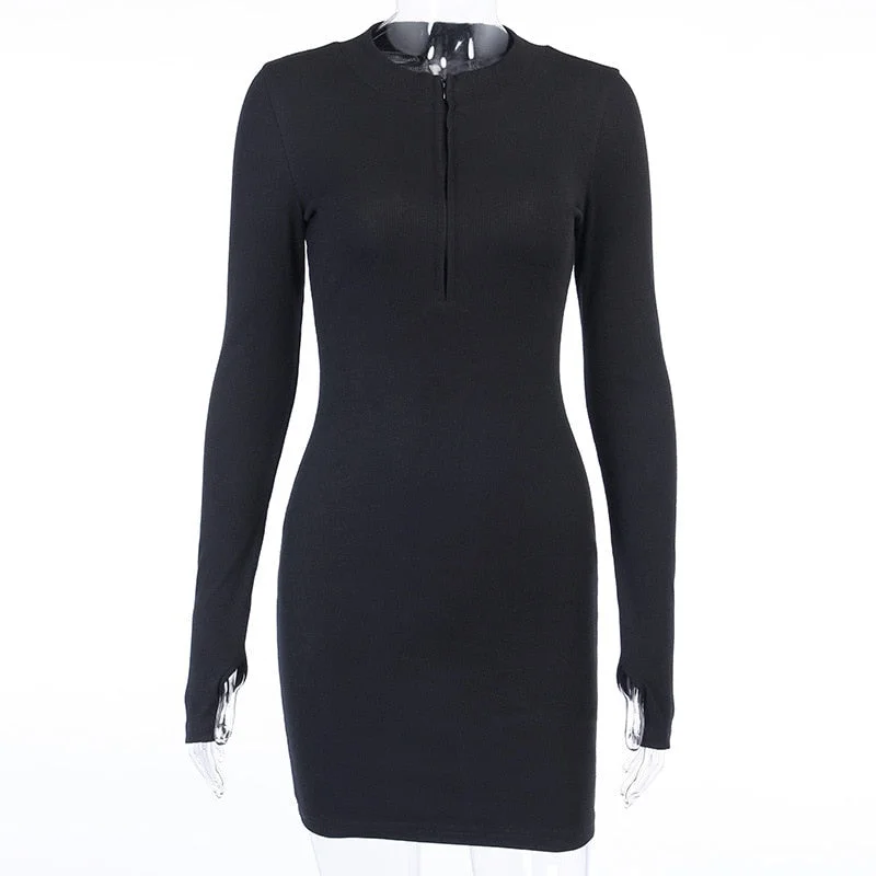 2021 New Women Mini dresses V-neck Solid Stretch Bodycon Pencil Stand Collar Zipper Deep Party Winter Fall Bodycon Ribbed Dress