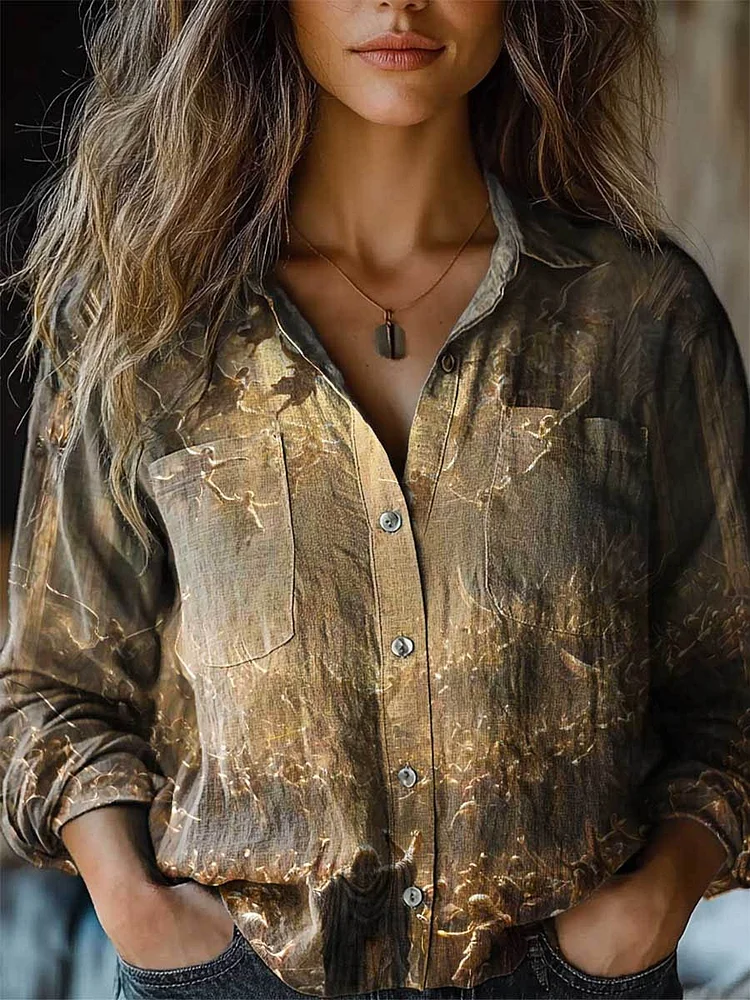 WomenS Retro Floral Pattern Long Sleeve Comfortable Cotton And Linen Shirt