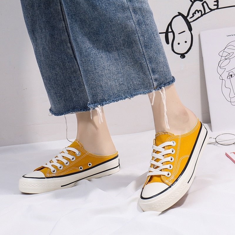 Female Half Slippers Lace Up Canvas Shoes Women's Summer Versatile Flats Slip-on Loafers No Heel Pregnant Women Vulcanized Shoes