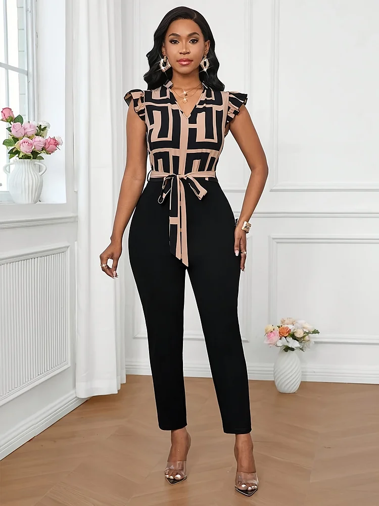 Elegant V-Neck Puff Sleeve Jumpsuit | Women's Geometric Print With Back Zipper Detail, Machine Washable Non-Stretch Fabric, Belt Loops - Summer Party & Casual Outfit, Holiday Celebration Wear