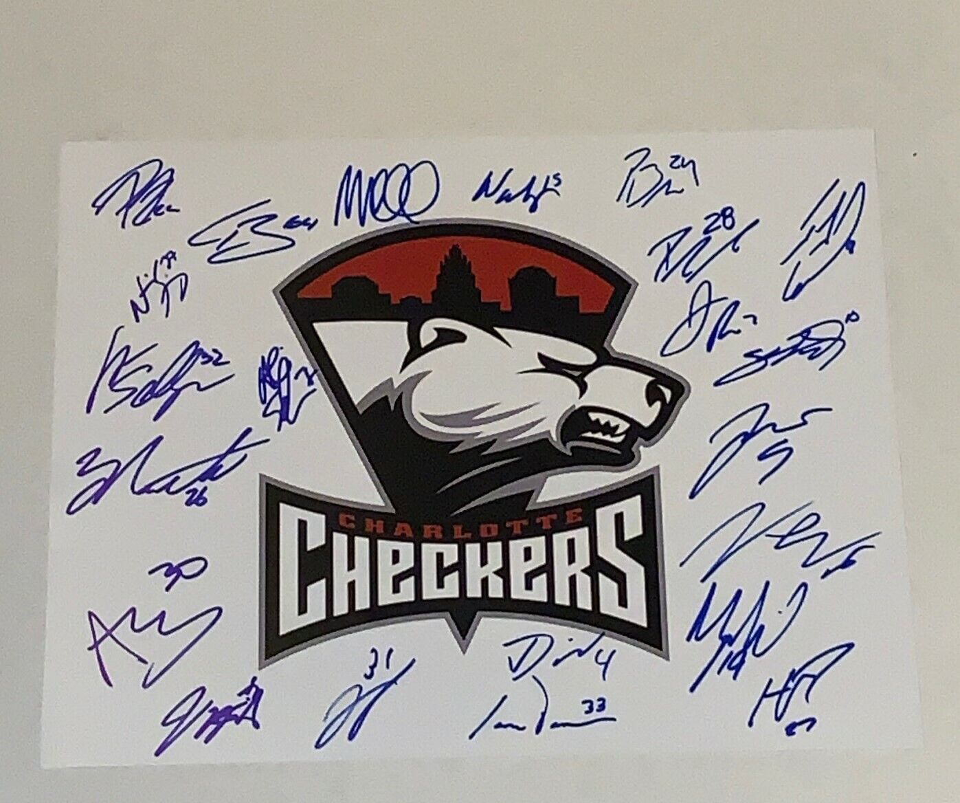 Charlotte Checkers AHL 2019 team signed Logo 11x14 Photo Poster painting Martin Necas, Jake Bean