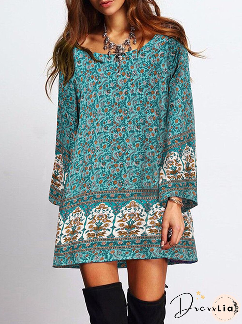 Floral Print Bohemian Long Sleeve Crew Neck Dress For Women