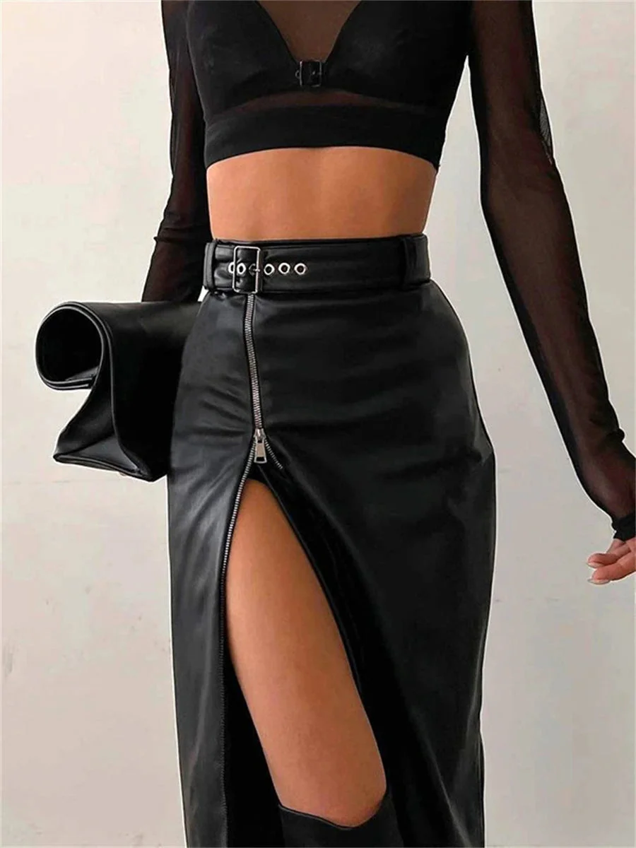 Oocharger Black PU Leather High Waist Pencil Skirts Vintage Grunge Women Streetwear Zipper High Split Bodycon Midi Skirt with Belt