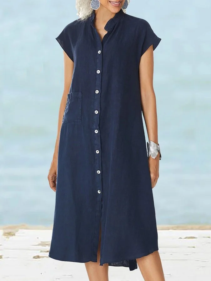 Women's Solid Color Elegant Single-Breasted Cotton Linen Dress-mysite