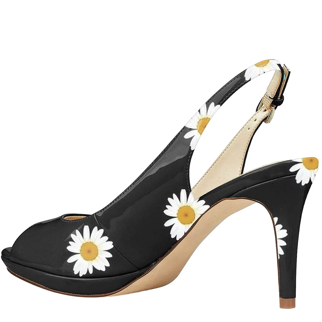 Fashionable Black Patent Leather Ivory Floral Inlay Slingback Sandals