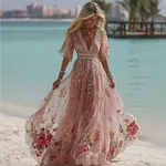 Women's Bohemian Vintage Rose Floral Pattern Linen Dress - Image 2