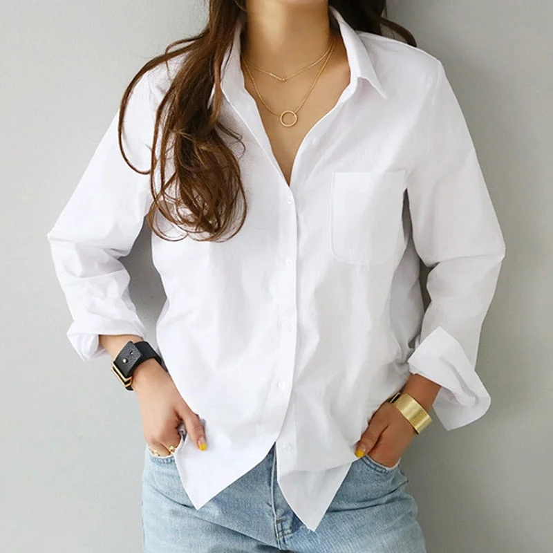 Aachoae Women Casual White Blouses Long Sleeve Office Shirts 2021 Turn Down Collar Solid Pocket Shirt Ladies Plus Size Tunic Top