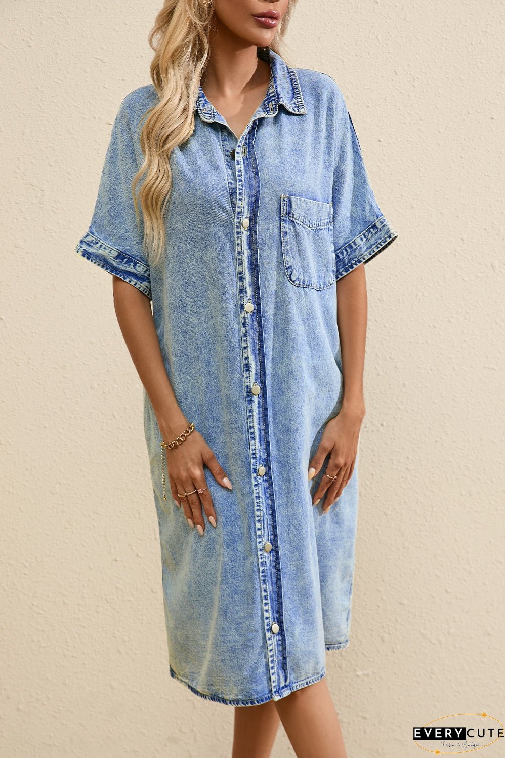 Denim Shirt Dress with Button Pockets