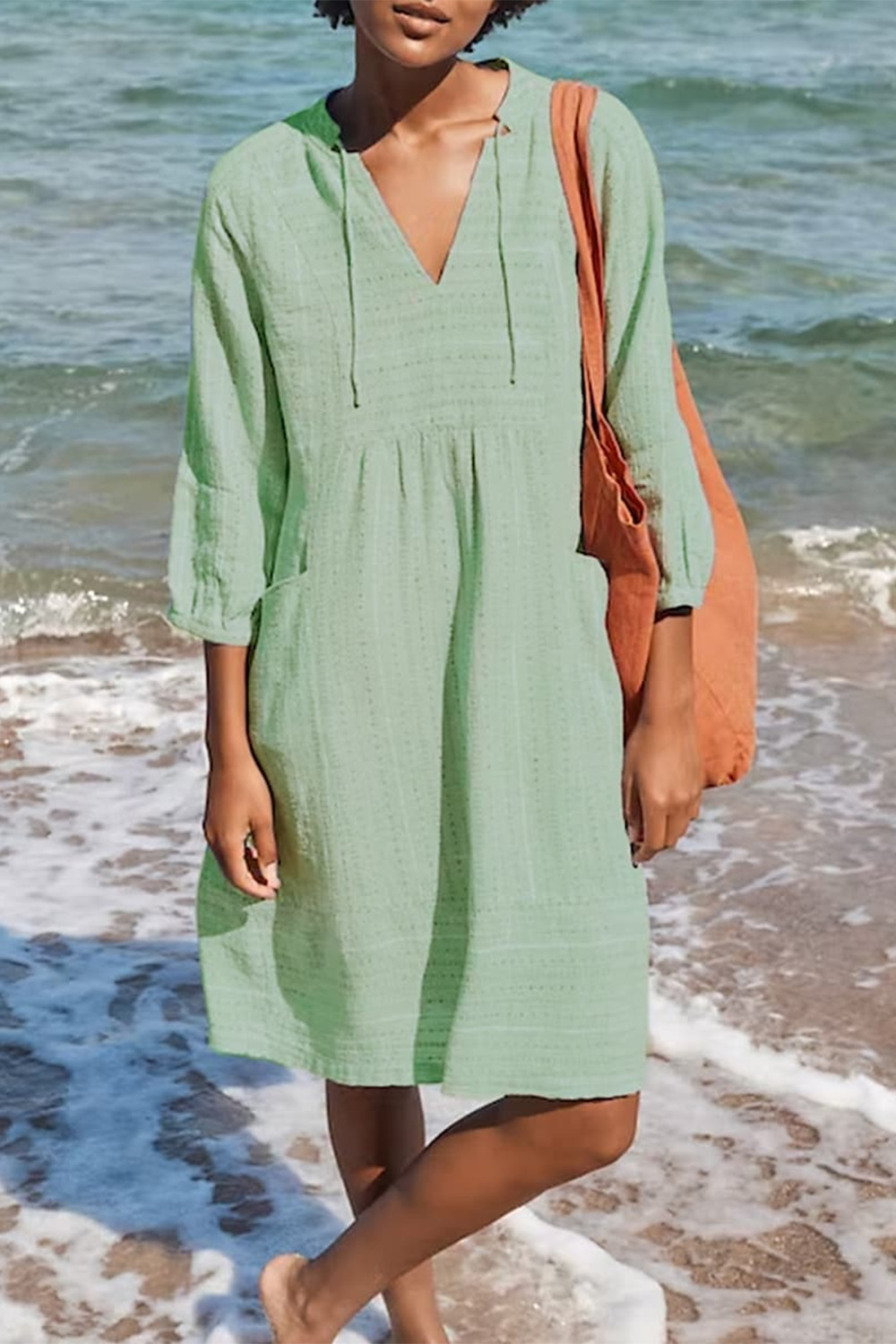 Plus Size Vacation Light Blue Cotton And Linen Jacquard Pocket 3/4 Sleeve Midi Dress 2024 - Flycurvy 
