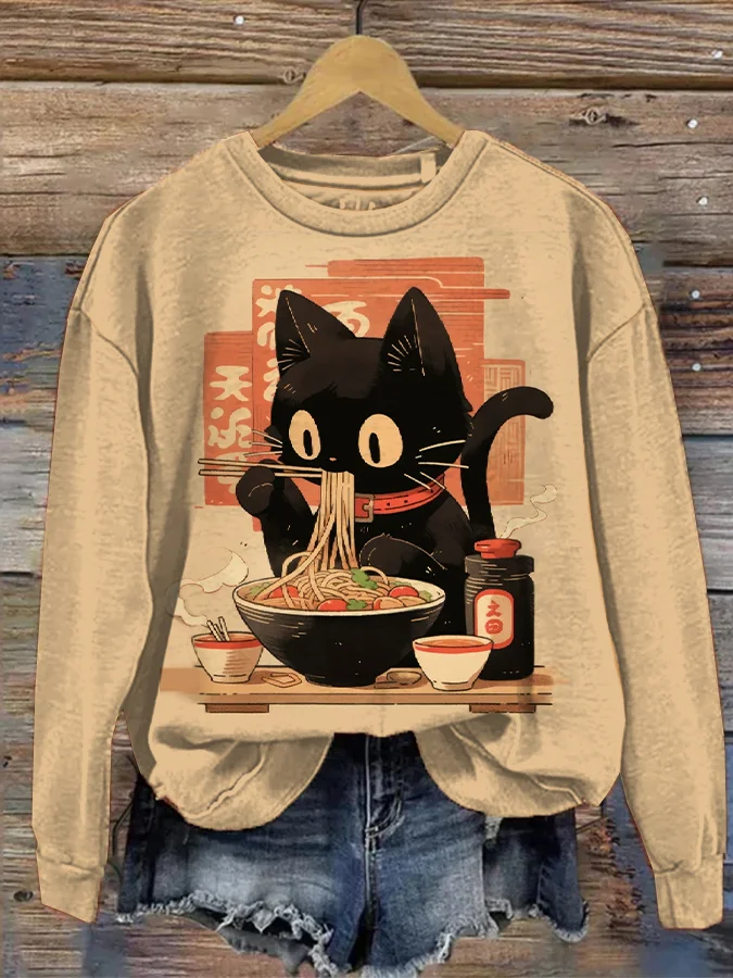 Women's Edo Period Ramen Noodles Art Japan Black Cat Print Cozy Sweatshirt