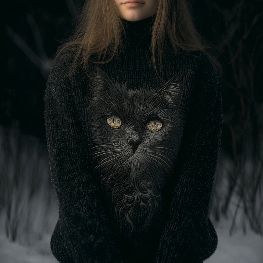 Cute Black Cat Face Pattern Knit Turtleneck Sweater