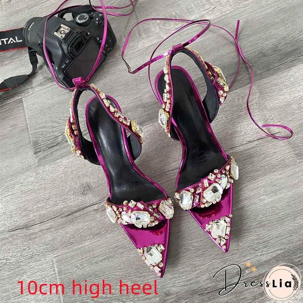 New Crystal Women Wedding Rhinestone High Heels And Low Heel Ankle Strap Party Pointed Toe Sexy Shoes Candy Color Big Size 43