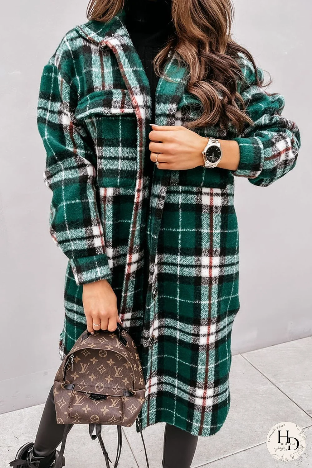 Green Casual Plaid Print Split Joint Buckle Turndown Collar Outerwear