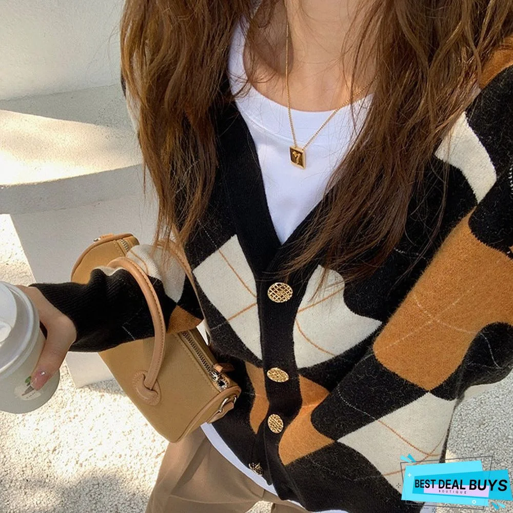 Retro Rhombic Sweater Cardigan