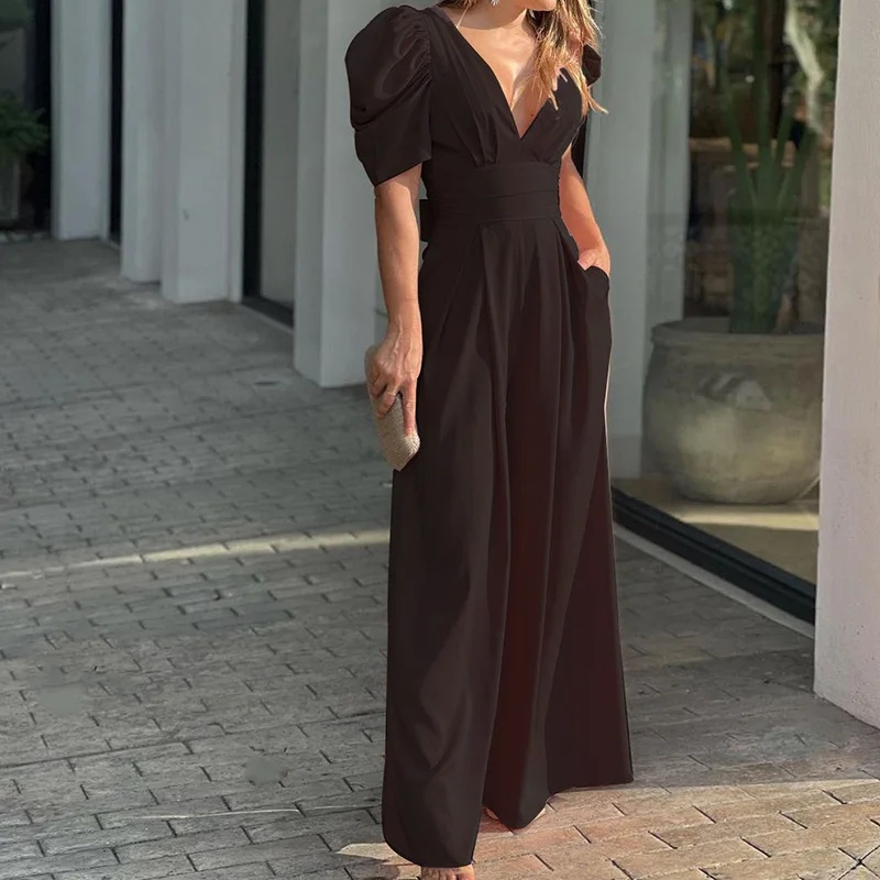 2025 Summer Elegant Wide-Leg Jumpsuit – Short Sleeve Plus Size One-Piece for Women