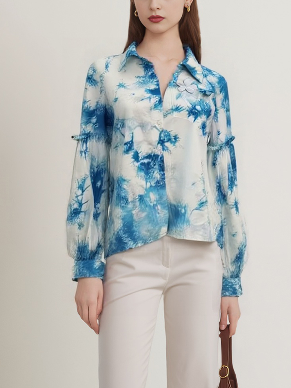 Hand-tie-dyed Long Sleeve Lapel Flower Trim Blouses