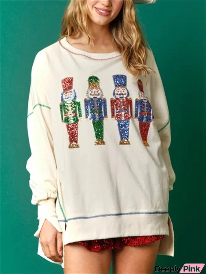 Women's Cute Christmas Sweatshirt with Sequin Deco