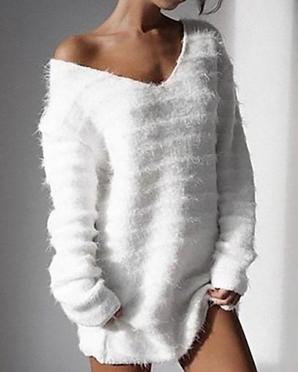 Long Sleeve V Neck Loose Sweater Dress Autumn Winter Casual Knit Pullover Tops - Chicaggo