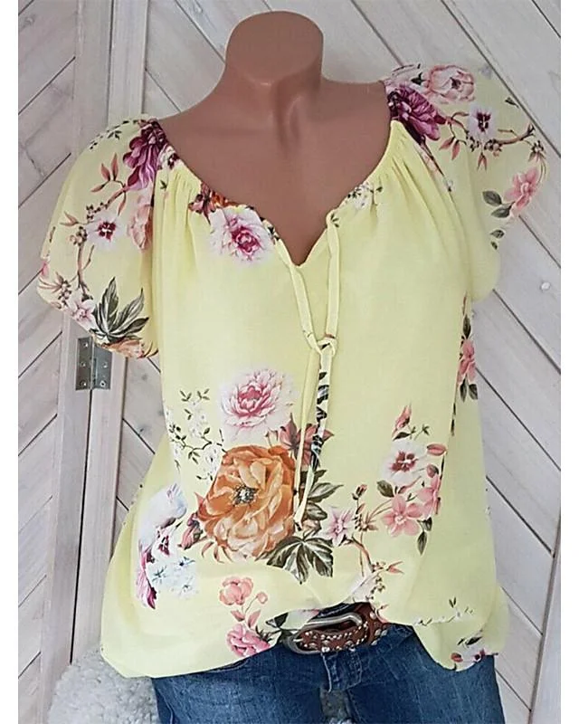 Women's Plus Size Blouse Shirt Floral Pattern Flower V Neck Tops Loose Streetwear Basic Top White Red Yellow-0207822