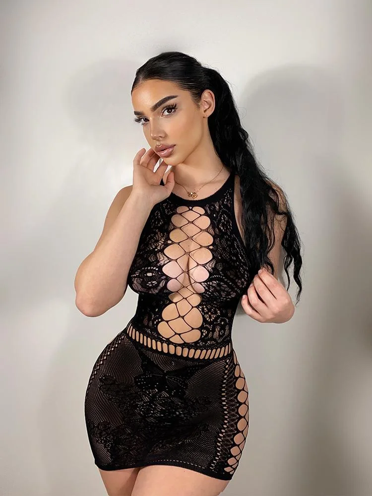 Sexy hollow see-through mesh bodycon mini dress