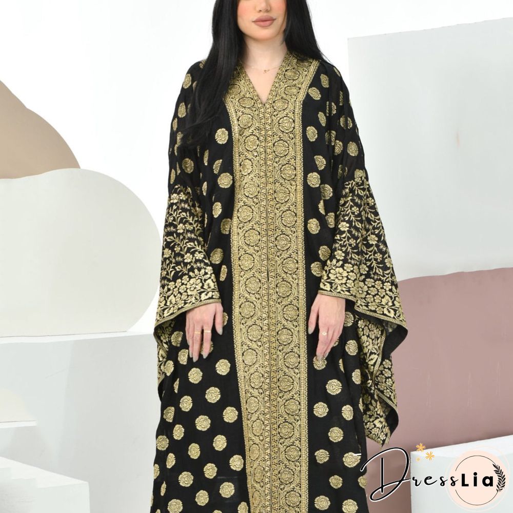 Loose Golden Pattern Black Linene Kaftan