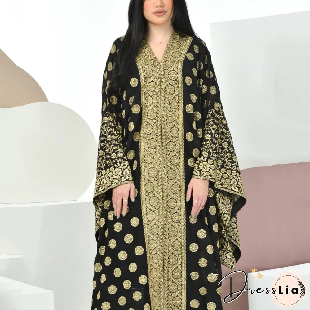 Loose Golden Pattern Black Linene Kaftan