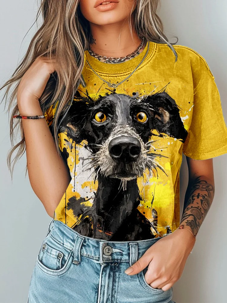 Funny Silly Dog Art Pattern Vintage Washed T Shirt