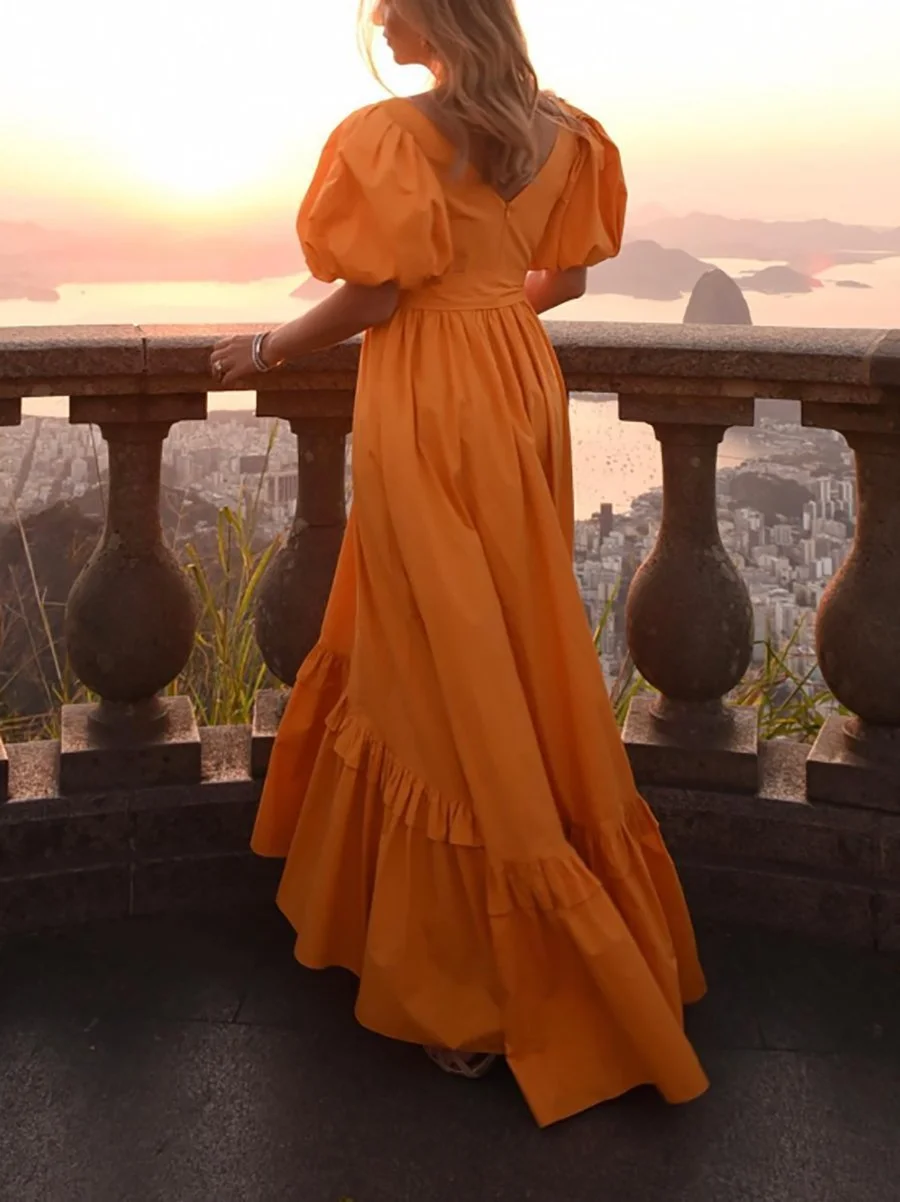 High waist dress with V neck puff sleeves