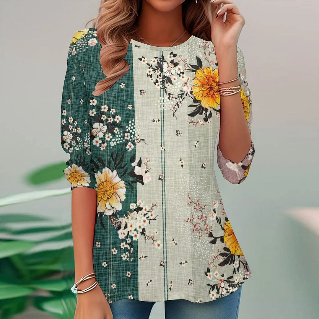 Vintage Printed Long Sleeve Plus Size Tunic for  Women and Men Unisex Pattern Floral,Pink,Green,Stitch