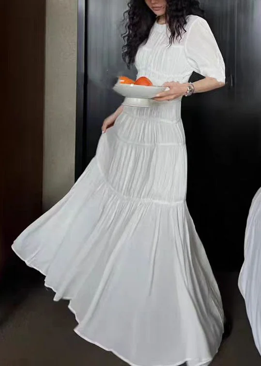 Cotton Wrinkled Summer New Maxi Hollow White Dresses Out Pockets main image 1