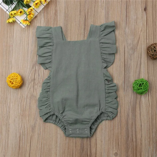 Newborn Baby Girl Ruffled Solid Color Sleeveless Backless Romper Jumpsuit Outfit Sunsuit