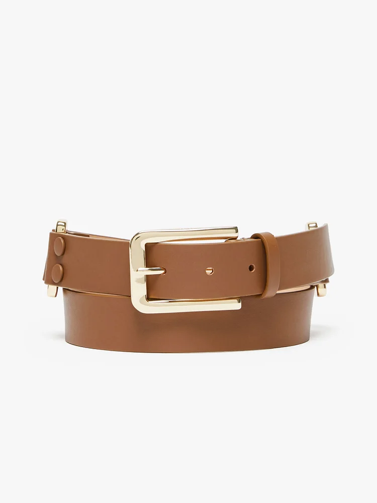 Leather belt with metallic rings - TOBACCO